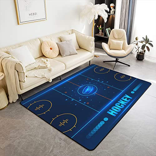 Eishockey Wohnzimmer Teppiche Outdoor Teppich 150x200cm Eissport Spiele Akzent Teppich für Balkon Esszimmer Hockey Player Indoor Bodenmatte Puck Hockey Blau Anti Rutsch Bereich Runner Teppich
