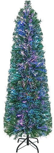 GYMAX 150 cm Albero di Natale Slim, con Luci Fibre Ottiche, 361 Rami in PVC, Folto e Realistico, Base Pieghevole in Metallo, Montaggio Facile, Verde