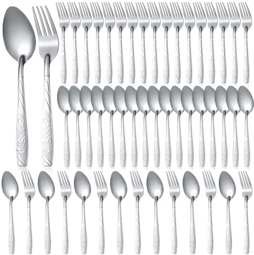 50 Pcs Forks and Spoons Silverware Set Stainless Steel Flatware Cutlery Set Heavy Duty Metal Spoons and Forks for Kitchen Utensil Dinner Restaurant Home, Mirror Polished, Dishwasher Safe(Flower)