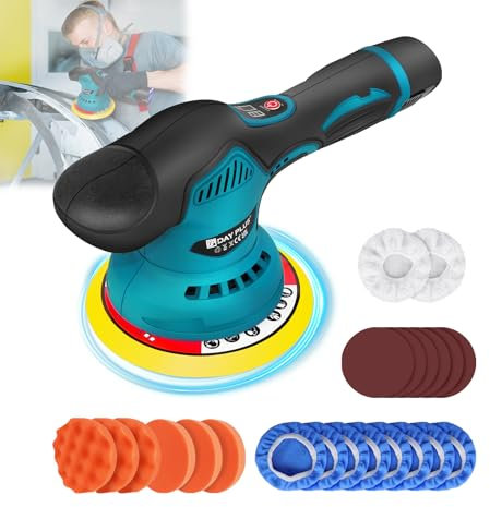 Akku Poliermaschine, 12V Exzenter Poliermaschine für Auto Möbel, 8 Variable Geschwindigkeit, 150mm Polierteller, Visualisierung des Batteriestandes, Kit mit 22 Schwämmen, Polierkappe, Sandpapier