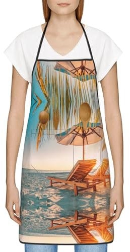 Sylale Schürze mit Blumenmuster und Taschen für Männer und Frauen, Latzschürze für Künstler, Malerei, Küche, Kochen, Koch, Blaugrün, Liegestühle am Strand im Sommer, One size