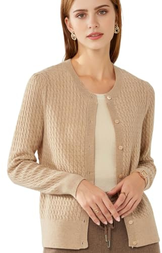 PHYLIN LEAF Womens 100% Cashmere Sweaters Cardigan Women's Jumpers Ladies Cable Knit Long Sleeve Button-Through Jumper Sweater Soft & Warm