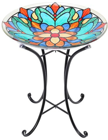 MUMTOP Bird Bath-Bird Baths for Outdoors - Glass Large Bird Bath Bowl with Metal Stand, Symmetrical Patterns Bird Feeders for Outside and Garden, Patio,Lawn Decor