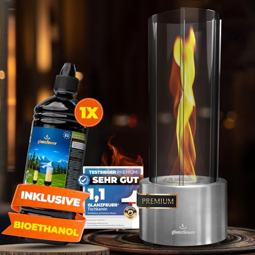 Glanzfeuer Bioethanol Tischkamin Outdoor & Indoor inkl. Bioethanol - Extra Lange Brenndauer mit Wirbelflamme - Tischfeuer Deko - Tisch Kamin Feuer Feuersäule - Garten & Deko Geschenk