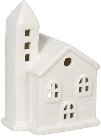 Relaxdays Teelichthaus Keramik, Leuchthäuschen für 1 Teelicht, H x B x T: 13,5 x 10 x 7 cm, Teelichthalter Kirche, weiß