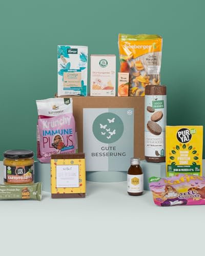 GUTE BESSERUNG BOX | Gute Besserung Geschenk Paket mit Snacks & vielen Aufmerksamkeiten zur Genesung | Care Paket, Geschenkkorb Vegan