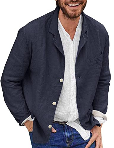 YOUYING Giacca da uomo in cotone e lino, vestibilità larga, leggera, con bottoni, casual, estiva, con risvolto, abbigliamento sportivo, A# Blu marino, XX-Large