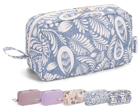Narwey Kulturtasche Damen Kosmetiktasche Make up Tasche Damen Kulturbeutel Schminktasche Kleine, Makeup Tasche Makeup Bag (Blaues Blatt,Groß)