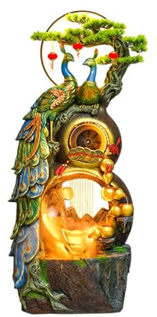 Water Feature Outdoor Freestanding Water Fountain - In the Shape of a Fortune Gourd, Including Simulated Greenery, LED Lights and Crystal Ball, Modern Design for Home and Garden Decoration, Floor Stan
