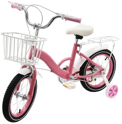 HuKaiL 14 Zoll Kinderfahrrad, Jungen Mädchen Fahrrad mit Korb, Kinderrad Höhenverstellbares Ausbildungsfahrzeuge mit Stützräder und Doppelbremse für ab 3 Jahren, 104 * 75 cm, Rosa
