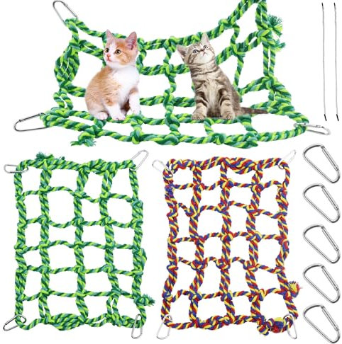 2Pcs Colorful Rat Cage Accessories with 8Pcs Slackline, Woven Climbing Net Pet Hammock Netting Toy Hanging Hammock Net with 4 Hooks Small Animal Supplies Rope Ladder for Parrot Bird Hamster Squirrel