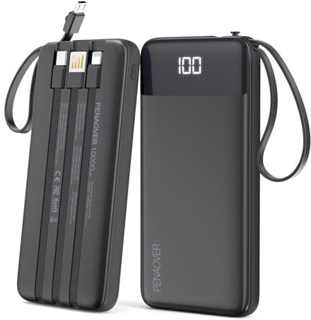 penaover Tragbares Ladegerät, 10.000 mAh, Powerbank mit integriertem Kabel, 5 Ausgänge, 2 Eingänge, Reise-wesentlicher externer Akku mit LED-Display, kompatibel mit iPhone 16/15, Samsung S22, Android