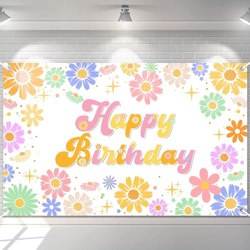 Avezano Groovy Daisy Birthday Banner Daisy Flower Birthday Party Decorations Retro Hippies Flower Happy Bday Backdrop for Girl 70.8x43.3 Inch