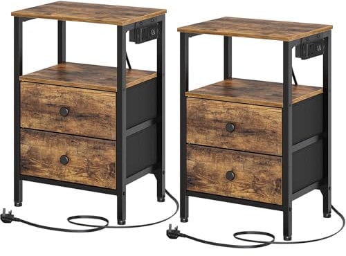 YATINEY Bedside Tables with Charging Station, Industrial Side End Tables with 2 Drawers and 2 Shelves, Set of 2 Nightstands with Outlet and USB Ports, for Living Room, Bedroom, Rustic Brown XET02L2KBR