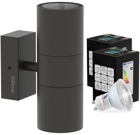 Oktaplex Chile Edelstahl Wandleuchte Aussen inkl. 2x GU10 2700K - Energieklasse A - warmweiß 2,5W 450lm Außenlampe IP44 anthrazit 230V