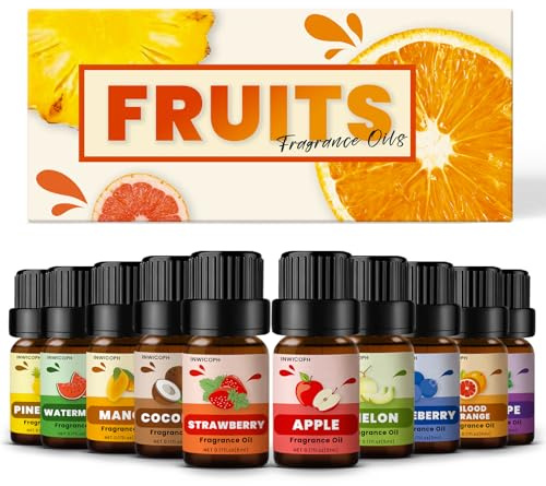 Fruity Fragrance Oil for Candle & Soap Making, INWICOPH Premium Essential Oils 5ml x 10 - Blueberry, Strawberry, Mango, Blood Orange, Essential Oil Diffusers for Home