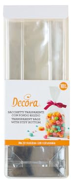 Decora 0855040 Lot de 10 sacs en plastique transparents pour aliments, avec fond en carton rigide 75 + 40 x 220 mm h, pour l'emballage de bonbons, biscuits et chocolats