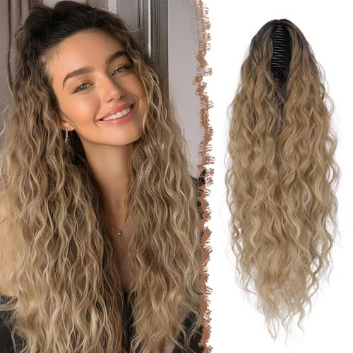 FESHFEN Pferdeschwanz mit Klammer, Lange Wellig Lockig Haarextension Synthetik Zopf Haarverlängerung Claw Clip in Haarteil Ponytail für Damen 65cm Ombre Blond Mix Braun