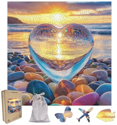 WEBEEDY Holzpuzzle Für Erwachsene Herz Strand Holzpuzzles Mit Exquisiter Box 200 Stück DIY Sonnenuntergangsmeer Puzzle Modernes Wohnkultur Geschenk 28x28cm