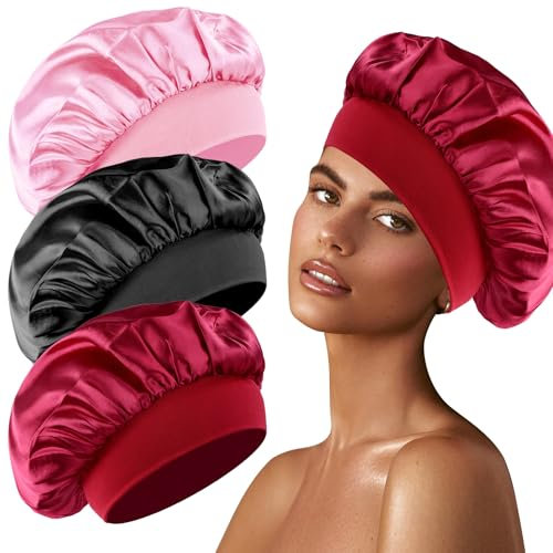 3 Stück Seidenhaube zum Schlafen, Schlafhaube Seide Silk Bonnet Satin Bonnet Sleep Cap Schlafhaube Haare Schützen Lockenhaube zum Schlafen Bonnet Seide Satin Haarhaube für Die Nacht(Schwarz,Rosa,Rot)