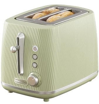 Daewoo Cascade 2 Slice Toaster – Sage Ribbed Design, Adjustable Browning, Defrost & Reheat Functions, Removable Crumb Tray, Cancel Button, Compact Countertop Toaster
