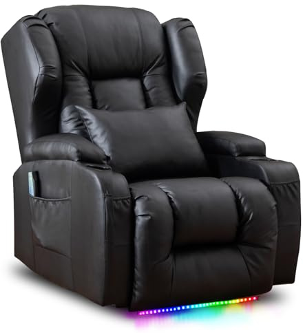 SAMERY Fernsehsessel Elektrisch Verstellbar Relaxsessel mit Liegefunktion Massage Heizung, Kunstleder TV Sessel Wohnzimmer Kinosessel Liegesessel Massagesessel mit Fußteil, USB, LED (Schwarz*1)