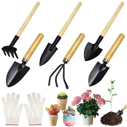 YIMETOP Gartenwerkzeug Set 6-TLG Mini | Gartenschaufel, Rechen & Spaten mit Holzgriff | Für Bonsai, Topfblumen, Umpflanzen | Handheld Gartengeräte Premium