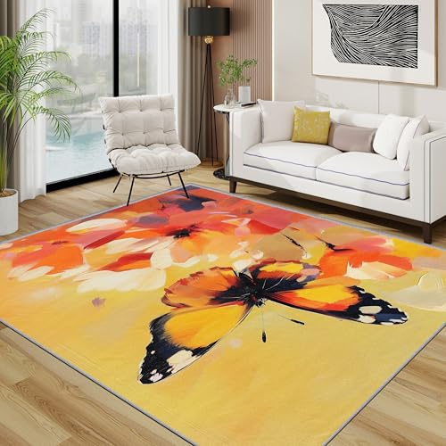 TerroVee Schmetterling Teppich, Orange Gelb Abstrakt Blumen Teppiche rutschfest Waschbar Weich, Insekt Künstler Wohnzimmerteppich Schlafzimmer Jugendzimmer, 120x180 cm, Gelb Orange