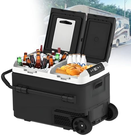Portable Car Refrigerator, Dual Zone -4℉-68℉ Fridge Freezer, 12/24V DC, Fast Cooling & Wheels for Travel, Camping, Truck, RV & Home Use,Withoutbattery-50L