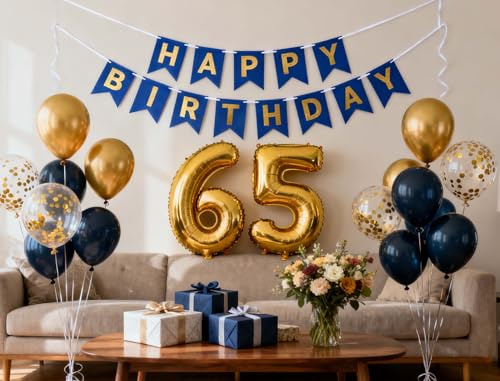 Luftballon 65. Geburtstags Deko Marineblau-Gold für Frauen Männer, 65. Marineblau Geburtstags Banner Gold Konfettiballons 65. Geburtstagsparty Ballon für 65 Jahre alt Frau Mann(65)
