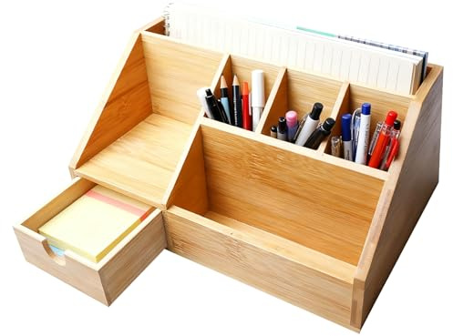 GBKDQQ Organizzatore da scrivania in bambù con cassetto, organizer da scrivania in legno, organizzatore da tavolo, portapenne in bambù, ripiano per ufficio e casa, 24,5 x 15 x 11 cm