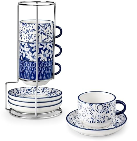 vancasso Selene Cup and Saucer Set of 4, 8oz/240ml Coffee Cups Set, Porcelain Espresso Cups with Metal Stand, Microwave & Dishwasher Safe, Cup Suitable for Latte, Filter Coffee, Standard Cappuccino