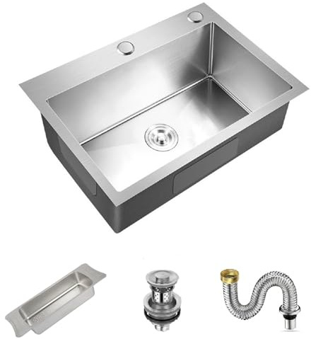 Inset/Undermount Stainless Steel Kitchen Sink Deep Square Single Bowl with Strainer Drain, Silver 60x50cm