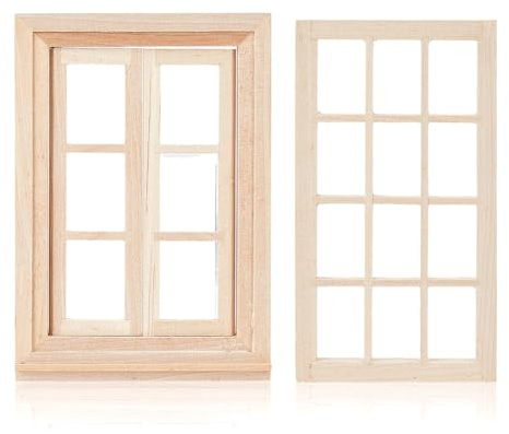 MAYJOYDIY 2 Stück Holz Puppenhaus Fenster 1:12 Miniatur Fenster Rahmen Holz Mini Puppenhaus Möbel DIY Garten Fenster Ornamente für Puppenhäuser Handwerk Dekoration