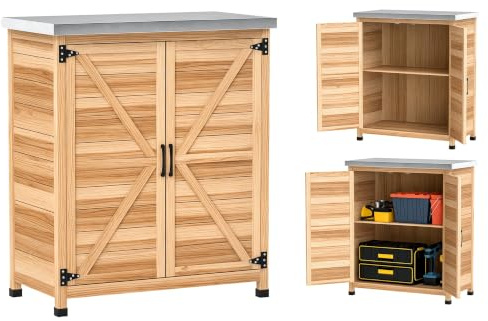 Outsunny Gartenschrank mit Pflanztisch Holz 79 x 43 x 92cm Naturholz | Verzinkte Arbeitsplatte, 2 Regalböden, Doppeltür, Geräteschrank, Werkzeugschrank, Gartenschuppen, Für Garten Balkon