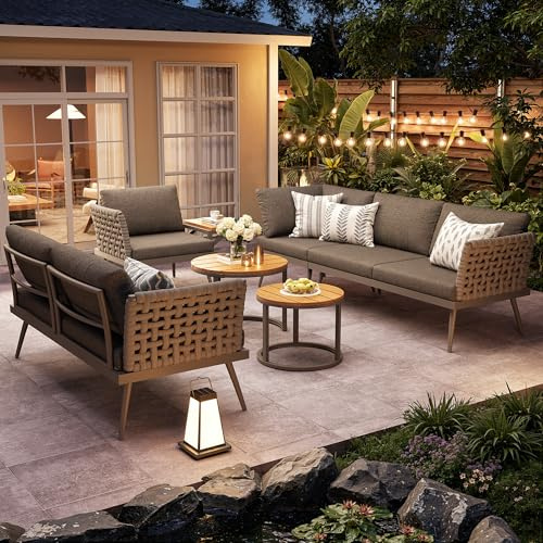 Lcoho Sechspersonen L-förmiges Gartensofa-Set mit handgeflochtenen Armlehnen/Wetterfeste Eckgarnitur aus Eisen/Inkl. 2 Holz-Couchtische & Sessel/Mit Polstern/Grau/Beige
