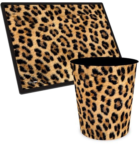 itenga Papierkorb Set mit Schreibtischunterlage | 11L Mülleimer Kunststoff rund + Schreibunterlage 40x53 cm | Kinder, Jugendliche & Erwachsene - Motivauswahl (Muster Leopard)