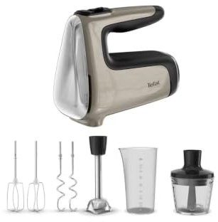 Tefal Powermix Silence 4-in-1 Handmixer, leiser Motor, Turbo-Funktion | 2x Quirle/2x Knethaken/Stabmixer/Zerkleinerer, rutschfester Soft-Touch-Griff, Silber/Chrom, HT663AF0