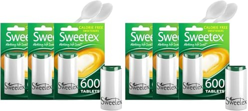 Sweetex Zero Calorie Sucralose Sweetener Tablets 600 Count (6 Pack) - Sugar Free Dispenser - Perfect Sweeteners for Tea, Coffee & Hot Drinks - Includes Reusable Spoons