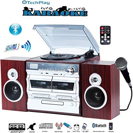 TechPlay Karaoke-fähig, 30 W RMS, klassischer Retro-Plattenspieler, NFC, Bluetooth, doppelter Kassettenspieler/Recorder, CD-MP3-Player, USB-SD-Anschlüsse, AM/FM-Digitalwecker und vollständige