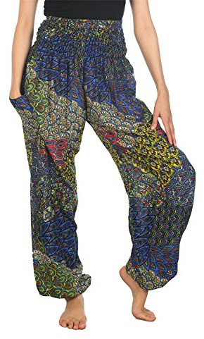 Lofbaz Harem Pants for Women Yoga Boho Hippie Clothing Palazzo Bohemian Beach Trousers Maternity Pajama Indian Gypsy Travel Clothes - Peacock 3 Blue B XL