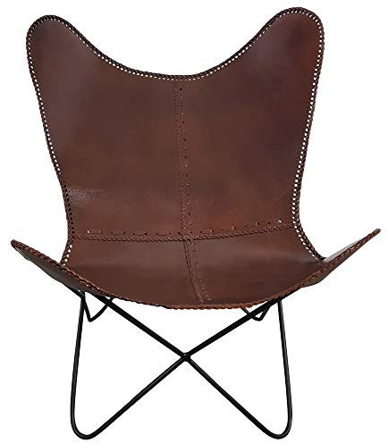 Indoortrend Butterfly Lounge Sessel Chair braun - Stuhl - Design - Retro - Loungesessel - Loungestuhl - Schmetterlingssessel - Echt Leder - Gestell schwarz - B/T/H: 76x76x92 cm