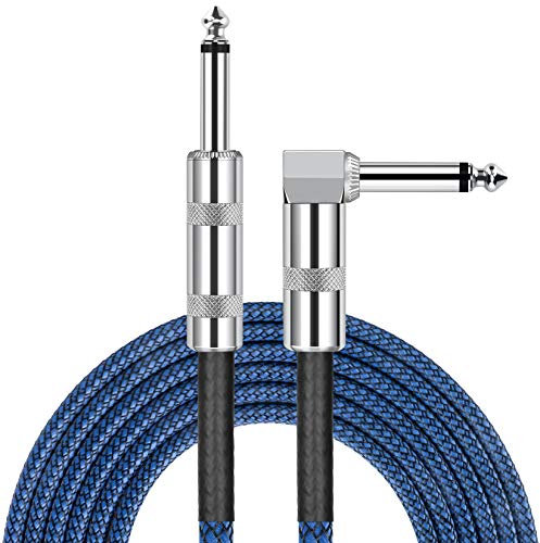JOLGOO 1/4 Inch Cable Guitar Cable 3 M Straight to Right Angle 1/4 Inch 6.35mm Plug Bass Keyboard Instrument Cable Blue and Black Tweed Cloth Jacket, Electric Mandolin, pro Audio