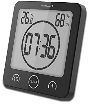 HONPHIER Dusche Uhr Badezimmer Uhr Digital Große Anzeige Touchscreen Timer mit Temperatur Luftfeuchtigkeit Display für Badezimmer Dusche Küche (Schwarz)
