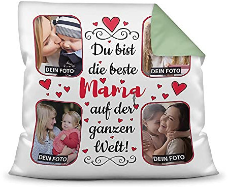 Kissen mit Füllung zum selbst Gestalten mit 4 Fotos - Für die Beste Mama - Hochwertige Kissenhülle mit Reißverschluss, Rückseite Seegrün, 40 x 40 cm