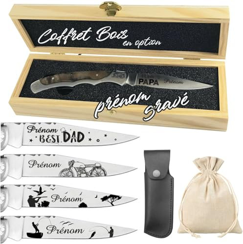 Couteau de Marque Laguiole Bougna personnalisé avec prénom gravé - Cadeau pour homme : fête des pères, papa, tonton, grands pères (papi, papy) anniversaire, noël - burl (Lame 10.5cm)