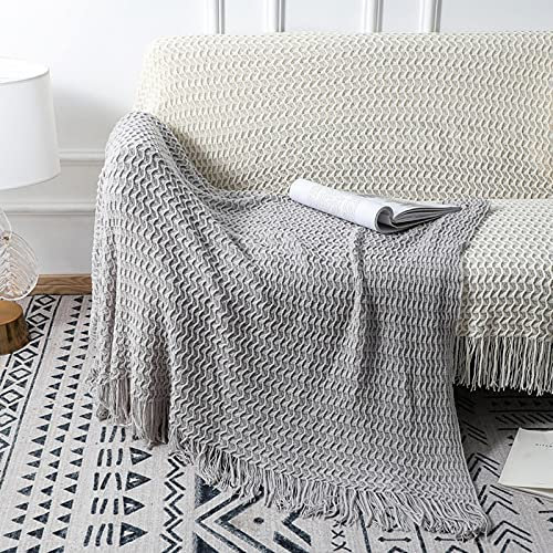 Zoomlie 100 % Acryl-Stoff, gestrickt, Überwurf, Decken mit dekorativen Fransen, Quasten, 127 x 170 cm, warm, gemütlich, leicht, Decke für Sofa, Büro, Schals, Couch, Bett (grau, 2)