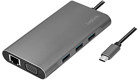 LogiLink UA0383 - USB 3.2 (Gen 1) Dockingstation mit 10-Ports und PD (Power Delivery) 100W, 1x USB-C (PD) / 3X USB 3.0 / 1x HDMI / 1x VGA / 1x RJ45 / 1x microSD / 1x SD / 1x 3,5mm Audio/Silber
