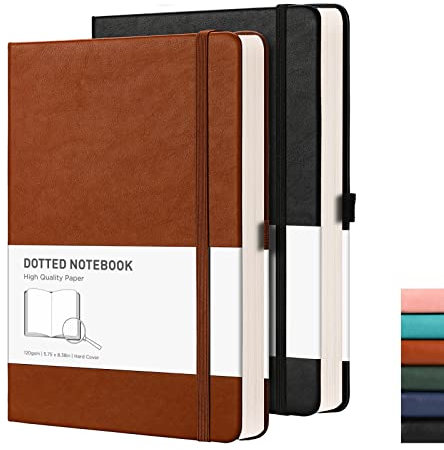 RETTACY A5 Gepunktetes Notizbuch 2er Pack - Bullet Dot Grid Journal mit 320 nummerierten Seiten Hardcover 120gsm dickem Papier, 8 perforierten Blättern, Innentasche - Schwarz braun