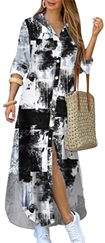 EFOFEI Frauen Lange Ärmel Check Kleid Sexy Lange Lose Flowy Kleider Loose Fit Bluse Kleider T Shirt Maxi Kleid